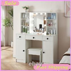 Bedroom LED Lights Table and Stool Dressing Vanity Set with Mirror Modern Dresser