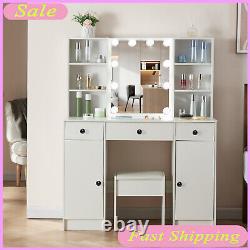 Bedroom LED Lights Table and Stool Dressing Vanity Set with Mirror Modern Dresser
