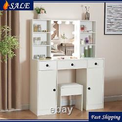 Large Dressing Table for Bedroom Vanity Set with LED Bulbs Makeup Mirror and Stool