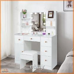 New Dressing Table with LED Lights Mirror Drawers Vanity Make up Desk Stool Set
