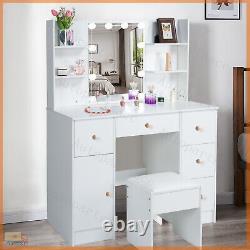 New Dressing Table with LED Lights Mirror Drawers Vanity Make up Desk Stool Set