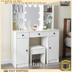 Vanity White Dressing Table Desk & Stool with Large LED Bulbs Mirror Set 3 Drawers