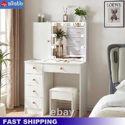 White Dressing Table Makeup Desk With LED Mirror Stool 5 Drawers Bedroom Modern