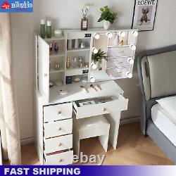 White Dressing Table Makeup Desk With LED Mirror Stool 5 Drawers Bedroom Modern