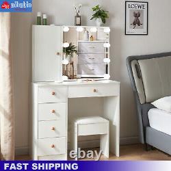 Coiffeuse blanche avec miroir LED, tabouret, 5 tiroirs, moderne pour chambre à coucher