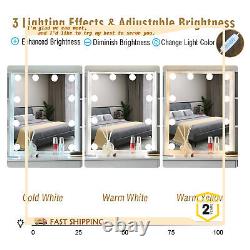 Coiffeuse blanche avec miroir à grosses ampoules LED et tabouret, ensemble de 3 tiroirs