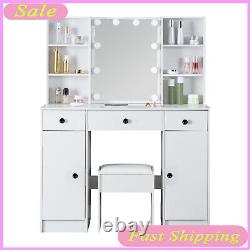 Table de coiffeuse avec miroir et tabouret, ensemble de coiffeuse avec lumière LED pour chambre à coucher et commode moderne
